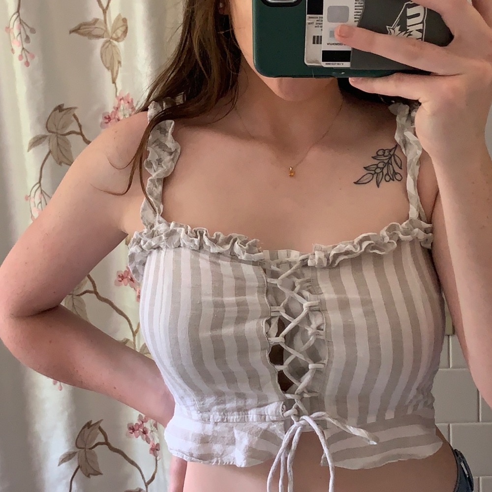 Striped Crop Top with Tie Front & Ruffled Sleeves